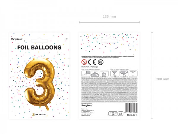 Foliový zlatý balónek číslice 3, 86 cm 