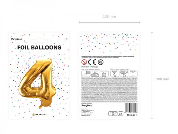 Foliový zlatý balónek číslice 4, 86 cm 