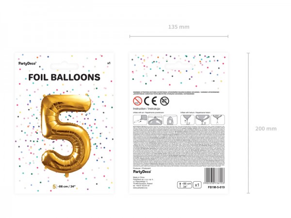 Foliový zlatý balónek číslice 5, 86 cm 